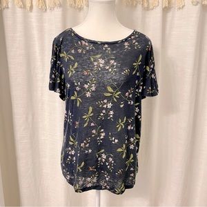 Ann Taylor navy floral flutter sleeve linen blouse